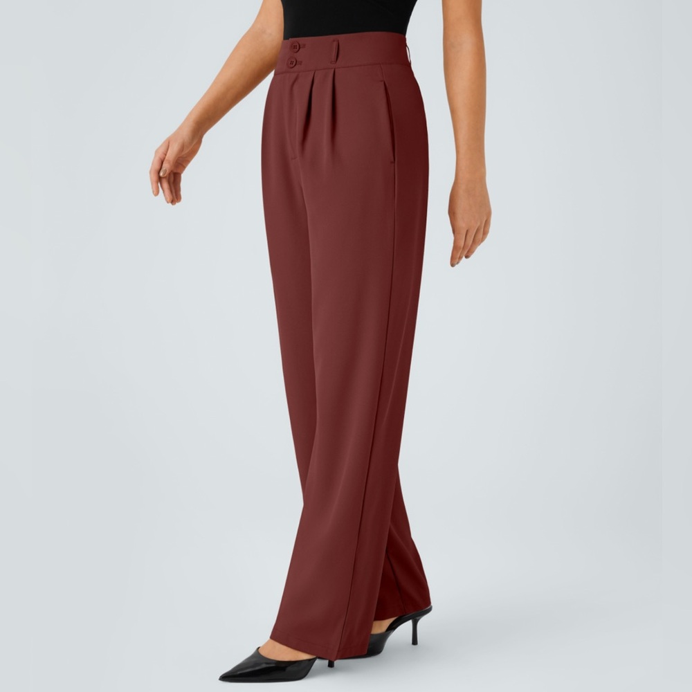 High Waisted Button Zipper Side Pocket Shirred
Straight Leg Work Pants
